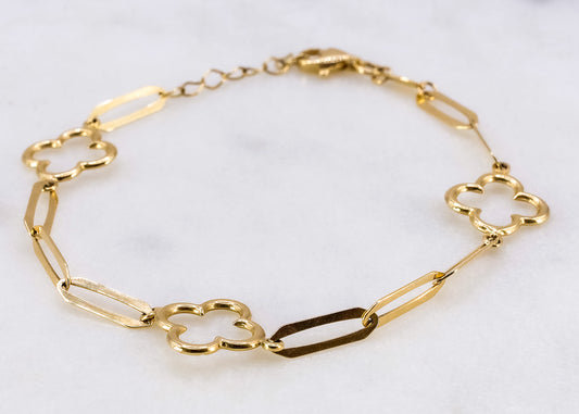Pulsera de tréboles y rectángulos 14k