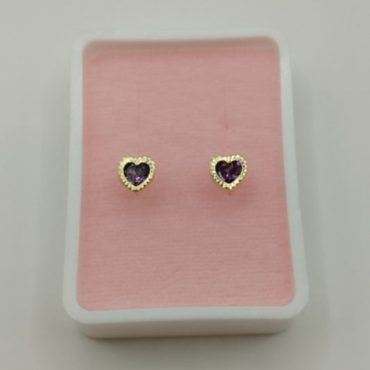 Broquel de oro 14K con corazones morados