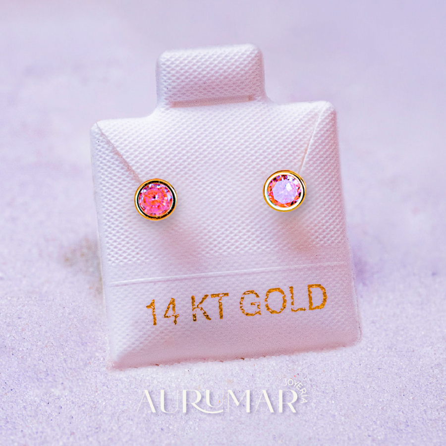 Broqueles de oro 14k con zirconitas rosadas